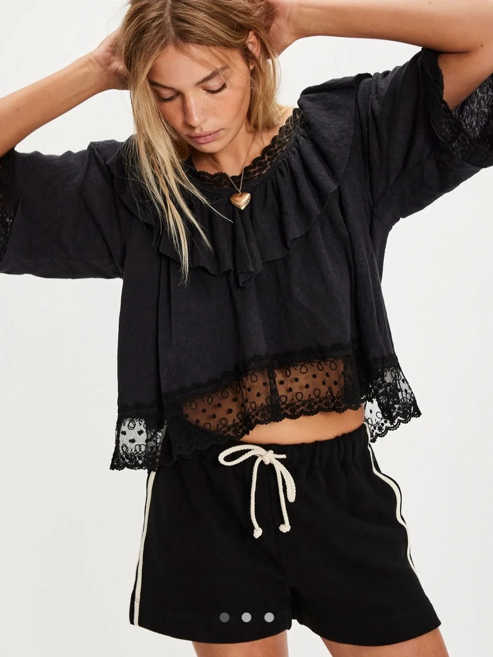 Free People Black Lace-Trim Short Sleeve Crop Top